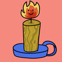 A drawing of a wooden candle. The candle is lit and has a cute smiley face
